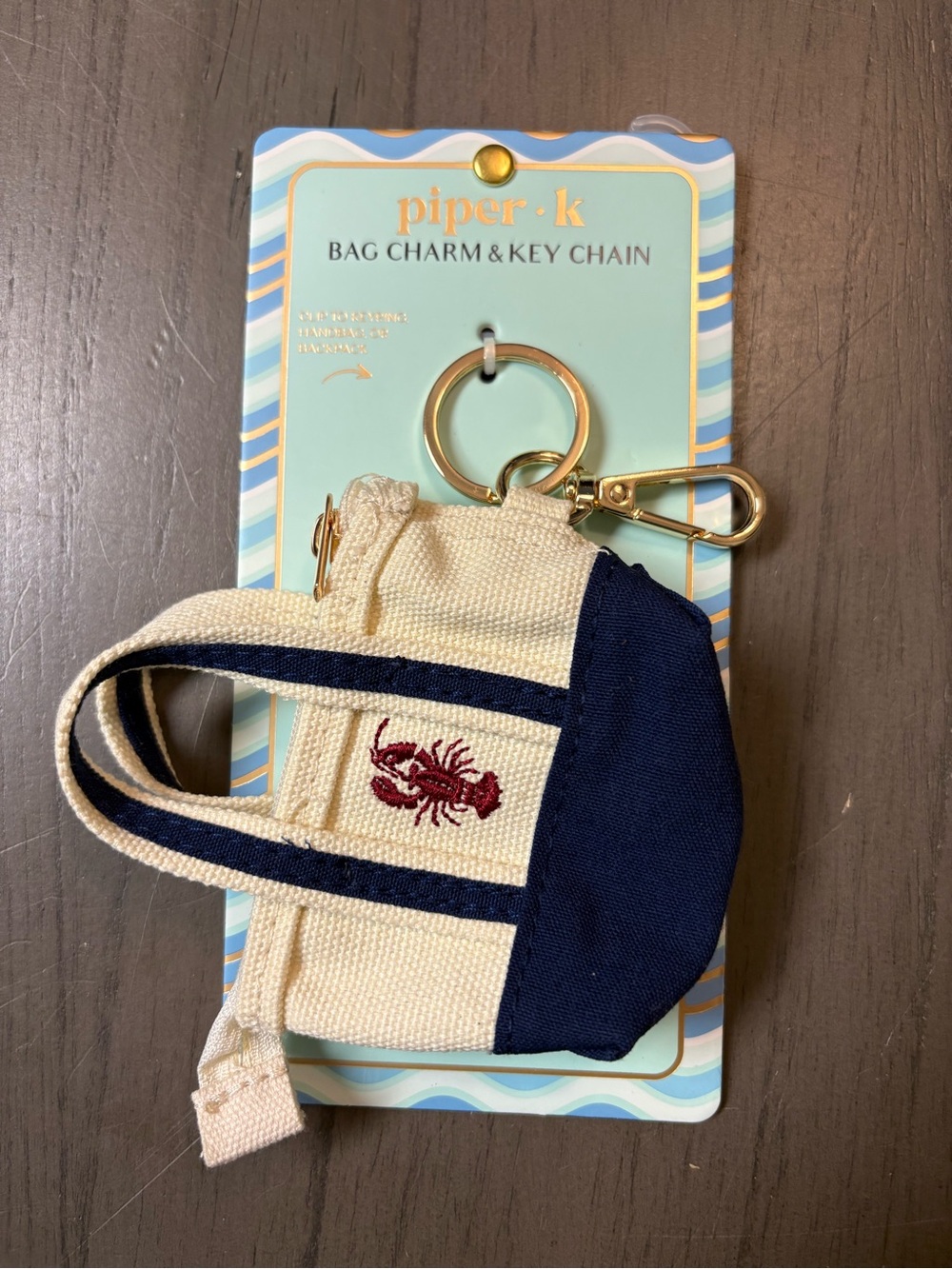 piper·k Cream & Navy Mini Tote Bag Charm with Lobster Embroidery